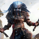 A Predator screams while wearing a viking outfit and carrying two large axes.